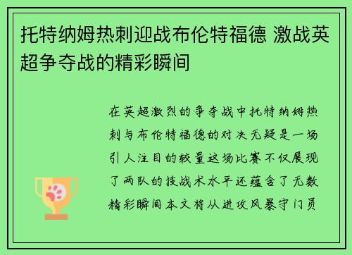 托特纳姆热刺迎战布伦特福德 激战英超争夺战的精彩瞬间