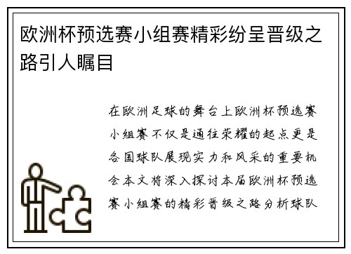 欧洲杯预选赛小组赛精彩纷呈晋级之路引人瞩目